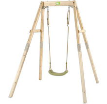 Einzelschaukel aus naturbelassenem Holz mit grünem Kunststoffsitz und verstellbaren Seilen von EXIT Toys.