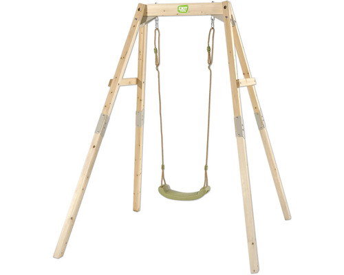 Einzelschaukel aus naturbelassenem Holz mit grünem Kunststoffsitz und verstellbaren Seilen von EXIT Toys.