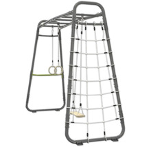 Klettergerüst aus Metall mit Kletternetz, Turnringen, Reckstange und kleiner Schaukel.