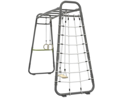 Klettergerüst aus Metall mit Kletternetz, Turnringen, Reckstange und kleiner Schaukel.