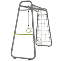 Klettergerüst aus Metall mit Hangelstangen, Turnringen, Kletternetz und Schaukelsitz.