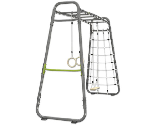 Klettergerüst aus Metall mit Hangelstangen, Turnringen, Kletternetz und Schaukelsitz.