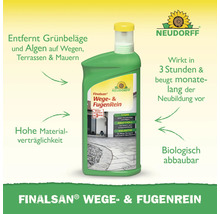 Flasche Neudorff Finalsan Wege- und FugenRein gegen Grünbeläge, wirkt in drei Stunden, materialverträglich, biologisch abbaubar. Neudorff Logo.