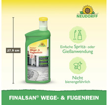 Neudorff Logo. Finalsan Wege- und Fugenreiniger in grüner Flasche, Höhe 27,9 Zentimeter. Für Spritz- und Gießanwendung, nicht bienengefährlich.