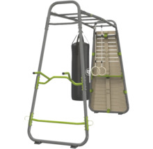 Klettergerüst aus Metall mit Boxsack, Turnringen und Kletterwand für den Garten.