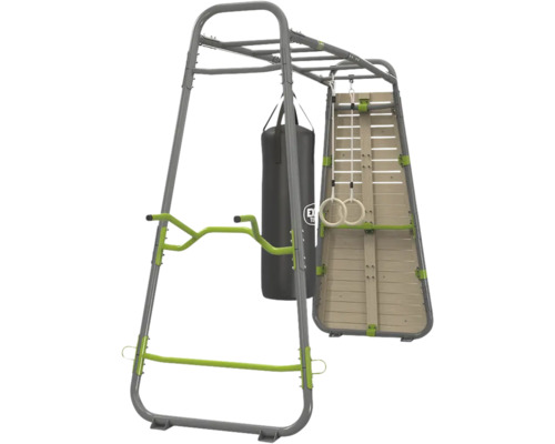 Klettergerüst aus Metall mit Boxsack, Turnringen und Kletterwand für den Garten.