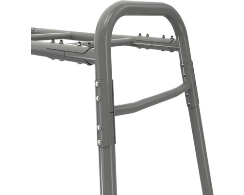 Detailaufnahme eines grauen Metallrahmens mit stabilen Rohrverbindungen und Schrauben.