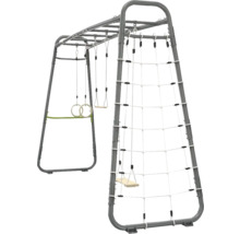 Metall-Klettergerüst für den Garten mit Kletternetz, Holzschaukel, Turnringen und Hangelstangen.