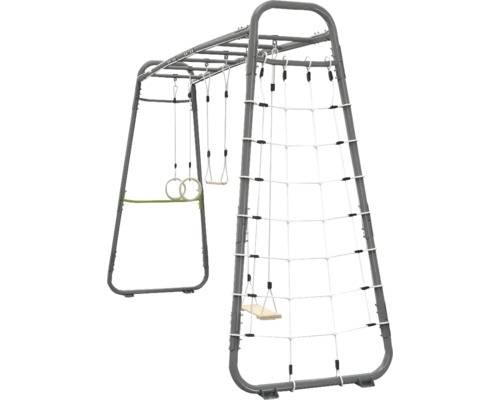 Metall-Klettergerüst für den Garten mit Kletternetz, Holzschaukel, Turnringen und Hangelstangen.