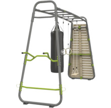 Outdoor-Fitnessstation aus Metall mit Boxsack, Turnringen, Schaukel und Kletterwand.