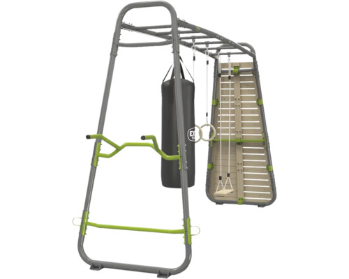 Outdoor-Fitnessstation aus Metall mit Boxsack, Turnringen, Schaukel und Kletterwand.