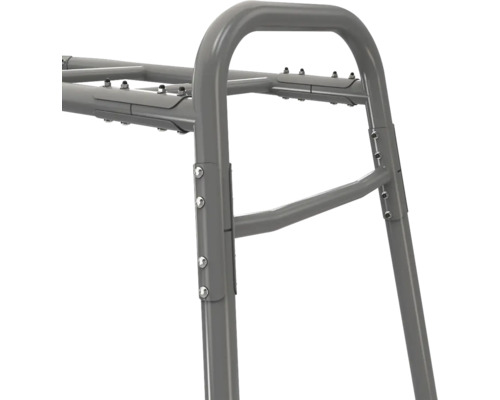 Metallgestell aus grauen Rundrohren mit stabilen Verschraubungen.