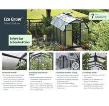 Eco Grow Gewächshaus mit dunklem Rahmen und Doppelstegplatten im Garten. Mit Doppeltüren, Dachlüfter und 7 Jahren Garantie. Robust und wetterfest.