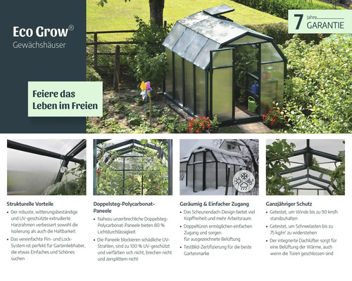 Eco Grow Gewächshaus mit dunklem Rahmen und Doppelstegplatten im Garten. Mit Doppeltüren, Dachlüfter und 7 Jahren Garantie. Robust und wetterfest.