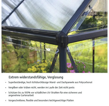 Nahaufnahme eines Gewächshauses mit extrem widerstandsfähigen Polycarbonat-Paneelen für Wand und Dach sowie UV-Schutz.