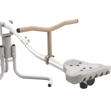 Outdoor-Fitnessgerät mit grauem ergonomischem Sitz, beigem T-förmigem Handgriff und weißem Metallrahmen.