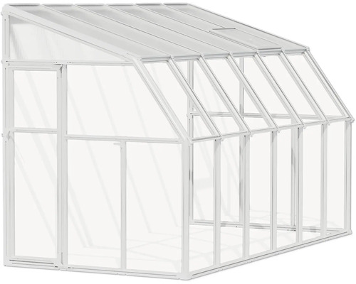 Weißes Anlehn-Gewächshaus aus Aluminium mit Glaswänden, Pultdach und einer Dachluke.