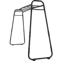 Freistehendes Klettergerüst aus schwarzem Metall mit Hangelstangen für Kinder.