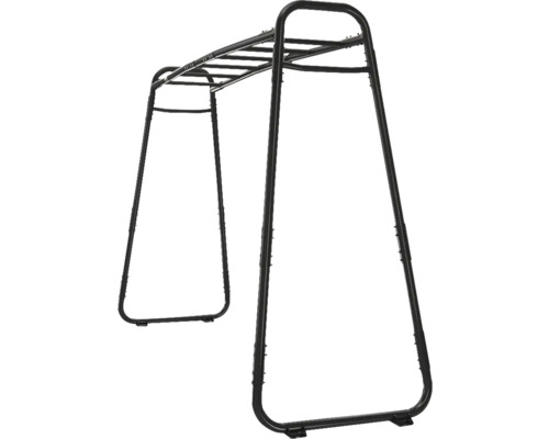 Freistehendes Klettergerüst aus schwarzem Metall mit Hangelstangen für Kinder.