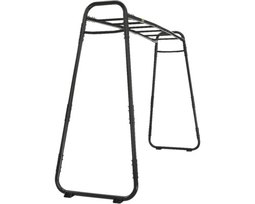 Schwarzes Klettergerüst aus Metall mit Hangelleiter.