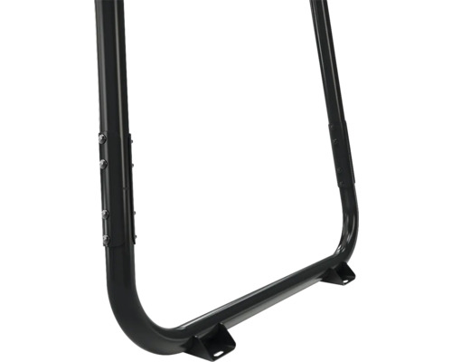 Schwarzer Metallrahmen aus Rundrohr mit stabilen Schraubverbindungen und Montagefüßen.