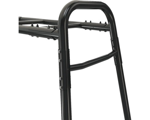 Detailansicht eines schwarzen Metallgestells für Ladeflächen, Rohrrahmen mit stabilen Schraubverbindungen.