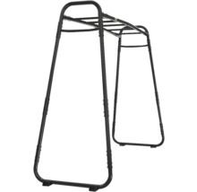 Schwarzes Klettergerüst aus Metall mit Hangelstangen für den Garten.