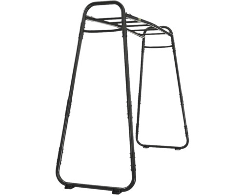 Schwarzes Klettergerüst aus Metall mit Hangelstangen für den Garten.