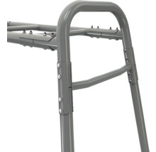 Graue Metallrahmenkomponente mit Rundrohren und Schraubverbindungen.