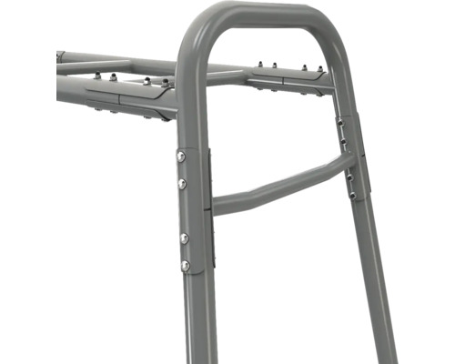 Graue Metallrahmenkomponente mit Rundrohren und Schraubverbindungen.