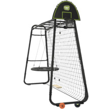 EXIT TOYS Spielgerüst aus schwarzem Metall mit Nestschaukel, Schaukel, Basketballkorb, Fangnetz und EXIT TOYS Logo.