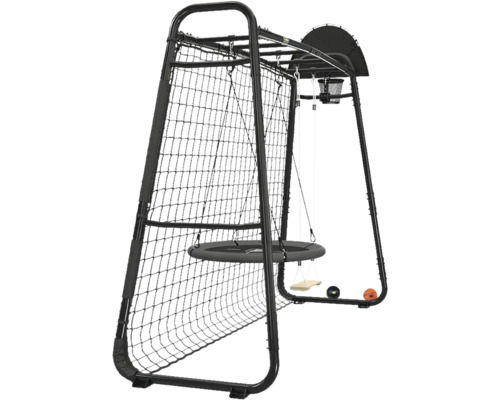 Multifunktionale Outdoor-Spielstation aus schwarzem Metall mit Fußballnetz, Nestschaukel, Schaukelbrett und Basketballkorb.