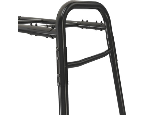 Detailansicht eines schwarzen Metallrohrrahmens mit Schraubverbindungen und abgerundeten Ecken.