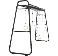 Schwarzes Klettergerüst aus Metall mit Turnringen, Schaukel und Kletternetz für den Garten.