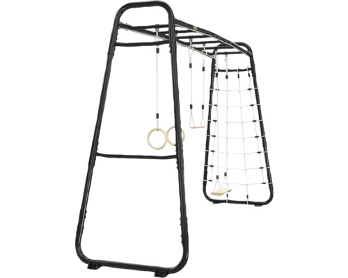 Schwarzes Klettergerüst aus Metall mit Turnringen, Schaukel und Kletternetz für den Garten.