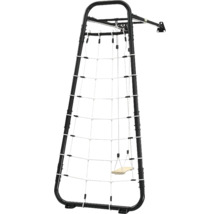 Klettergerüst mit schwarzem Metallrahmen, weißem Kletternetz und Holzschaukel zur Wandmontage.