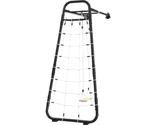 Klettergerüst mit schwarzem Metallrahmen, weißem Kletternetz und Holzschaukel zur Wandmontage.