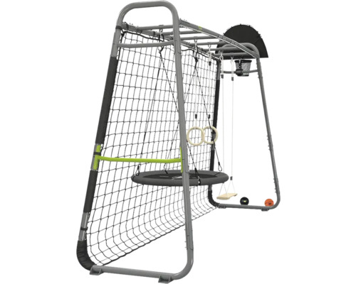 Multifunktionales Klettergerüst aus Metall mit Fußballtor, Basketballkorb, Nestschaukel, Schaukelsitz und Turnringen.