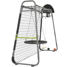 Multifunktions-Spielgerät aus Metall mit Fußball-Rebounder-Netz, Nestschaukel, klassischer Schaukel und Basketballkorb.