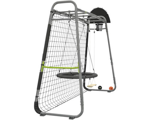 Multifunktions-Spielgerät aus Metall mit Fußball-Rebounder-Netz, Nestschaukel, klassischer Schaukel und Basketballkorb.