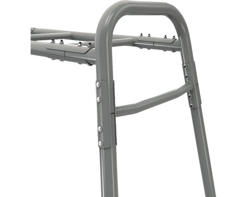 Detailansicht einer grauen Metallrohrverbindung mit Verschraubungen für ein Carport.
