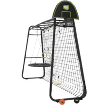 EXIT Toys GetSet Monkeybar Spielgerät aus schwarzem Metall mit Nestschaukel, Schaukelsitz, Turnringen, Basketballkorb und Tornetz.
