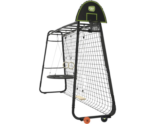 EXIT Toys GetSet Monkeybar Spielgerät aus schwarzem Metall mit Nestschaukel, Schaukelsitz, Turnringen, Basketballkorb und Tornetz.