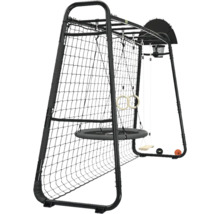 Schwarzes Klettergerüst aus Metall mit Nestschaukel, Turnringen, Basketballkorb und Kletternetz für den Garten.