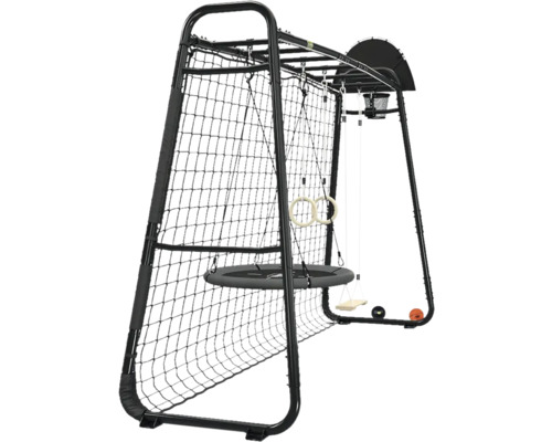 Schwarzes Klettergerüst aus Metall mit Nestschaukel, Turnringen, Basketballkorb und Kletternetz für den Garten.