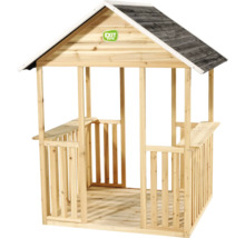 EXIT Toys Spielhaus aus Holz mit Satteldach, Geländer, seitlichen Ablagen und EXIT Toys Logo.