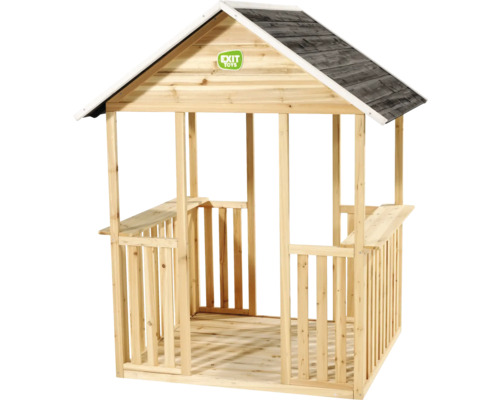 EXIT Toys Spielhaus aus Holz mit Satteldach, Geländer, seitlichen Ablagen und EXIT Toys Logo.