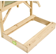 Rechteckiger Holzrahmen für Sandkasten oder Spielhaus von EXIT TOYS mit integrierter Sitzbank. EXIT TOYS Logo.