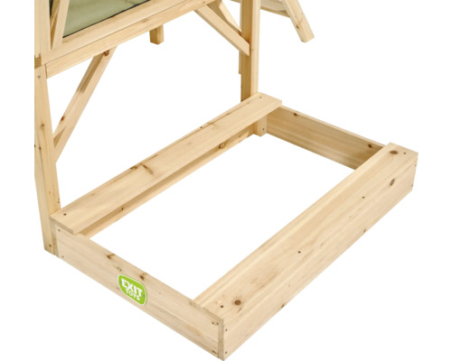 Rechteckiger Holzrahmen für Sandkasten oder Spielhaus von EXIT TOYS mit integrierter Sitzbank. EXIT TOYS Logo.