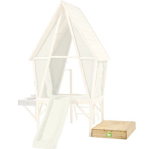 EXIT Toys Spielhaus aus Holz mit Rutsche und Sandkasten, weißes Stelzenhaus mit Satteldach für den Garten, EXIT Toys Logo
